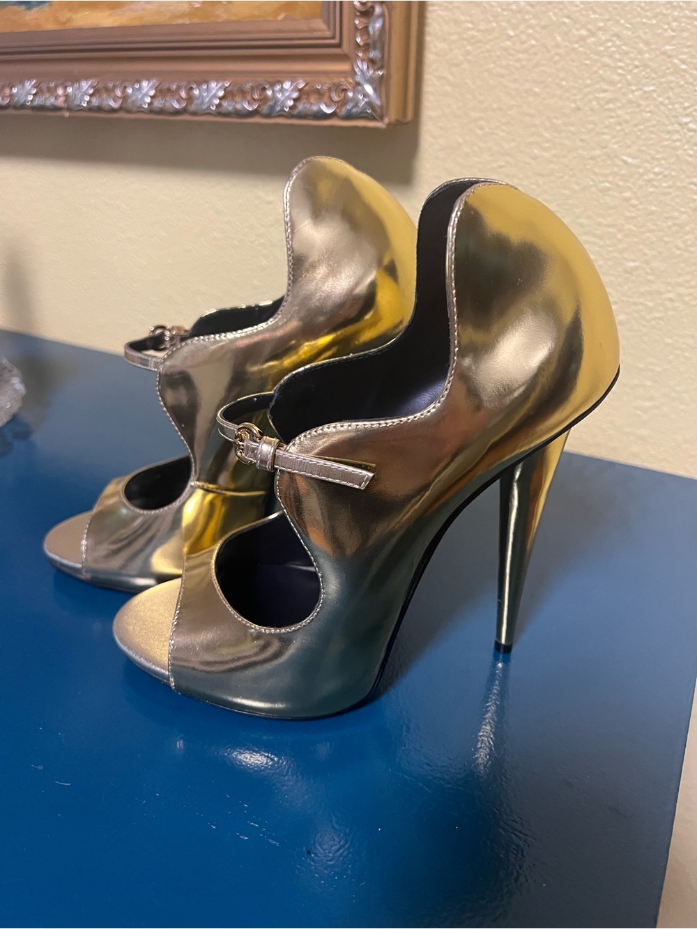 Giuseppe Zanotti Gold Metallic Peep-Toe Mary Jane Stilettos - Picture 12 of 12